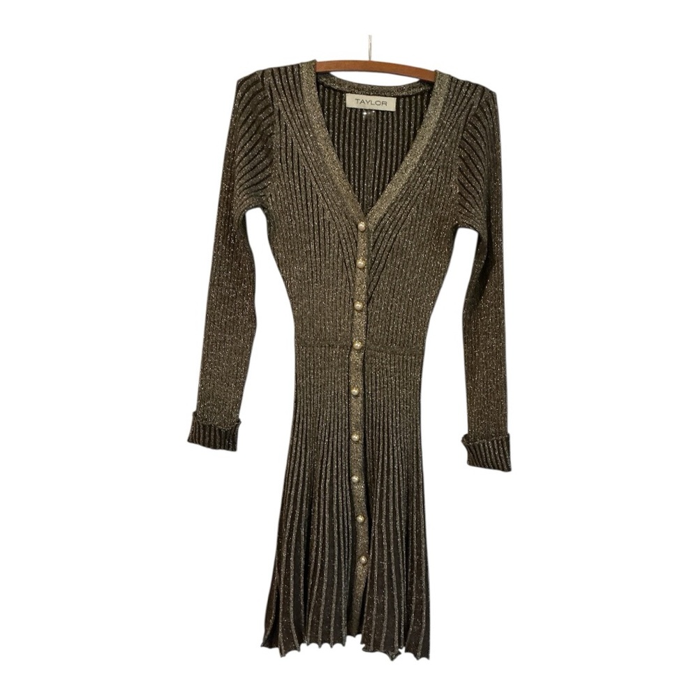 Taylor Metallic Ribbed Knit Dress Gold Button Front Size M - Picture 2 of 8